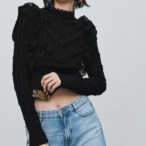 Pointelle Ruffled Knit Top in Black